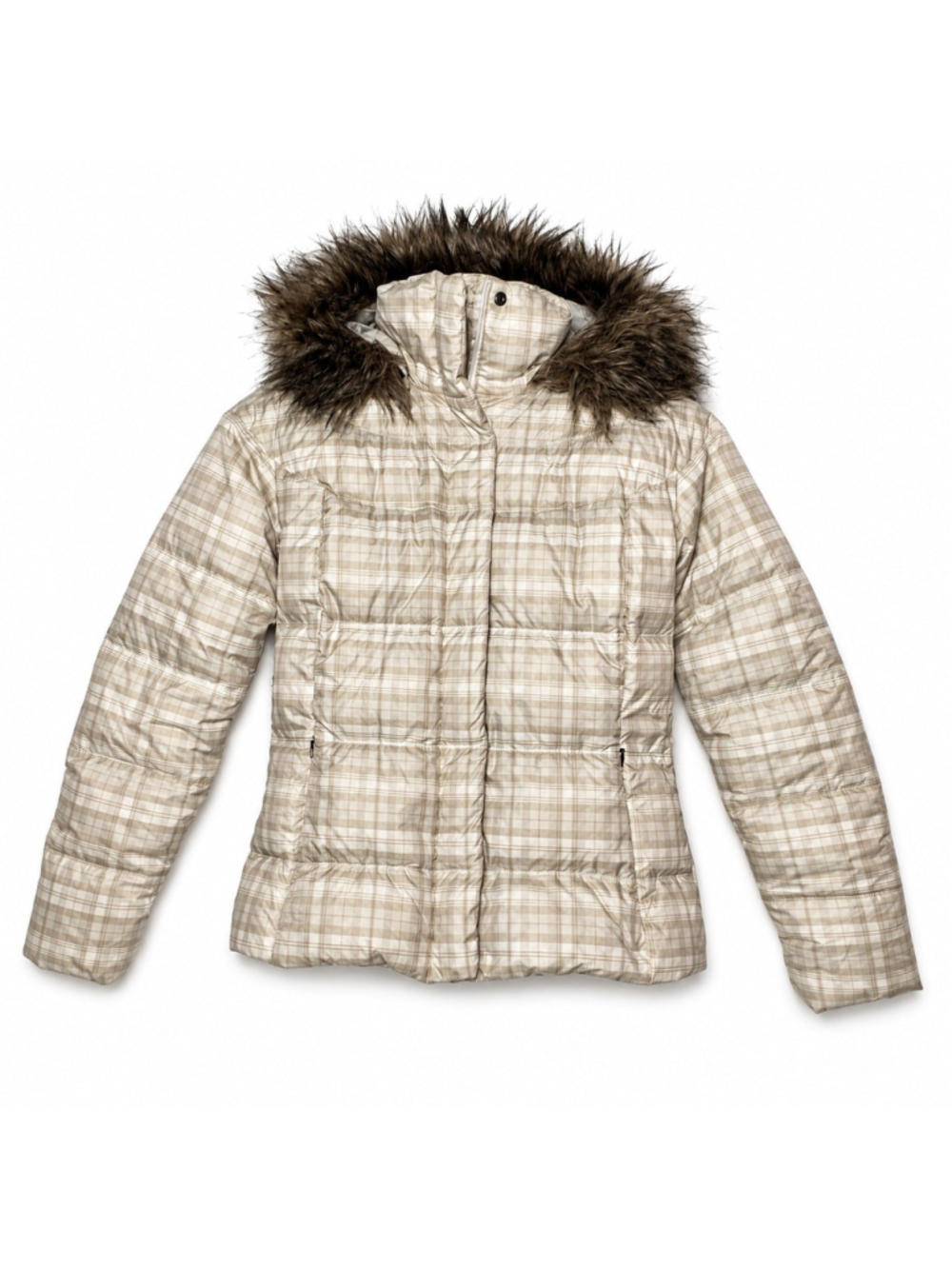 Columbia Women's Size M Faux Fur Down Ivory White Tan Plaid Puffer Coat Hooded